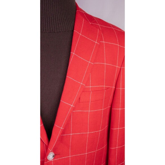 Paul Fredrick Men's 42S Sport Coat Blazer Red Check LINEN 2-Button Casual SLIM - Picture 4 of 13